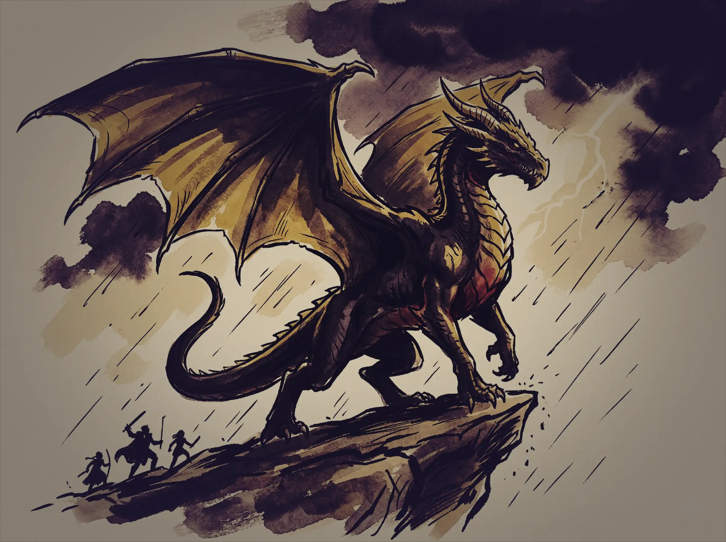 A dragon rears on a cliff edge against a stormy sky